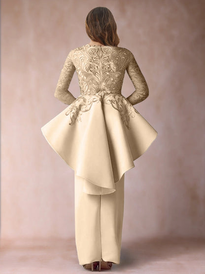 Roselledress lace peplum evening pant suit solid back vertical zipper maxi length back view