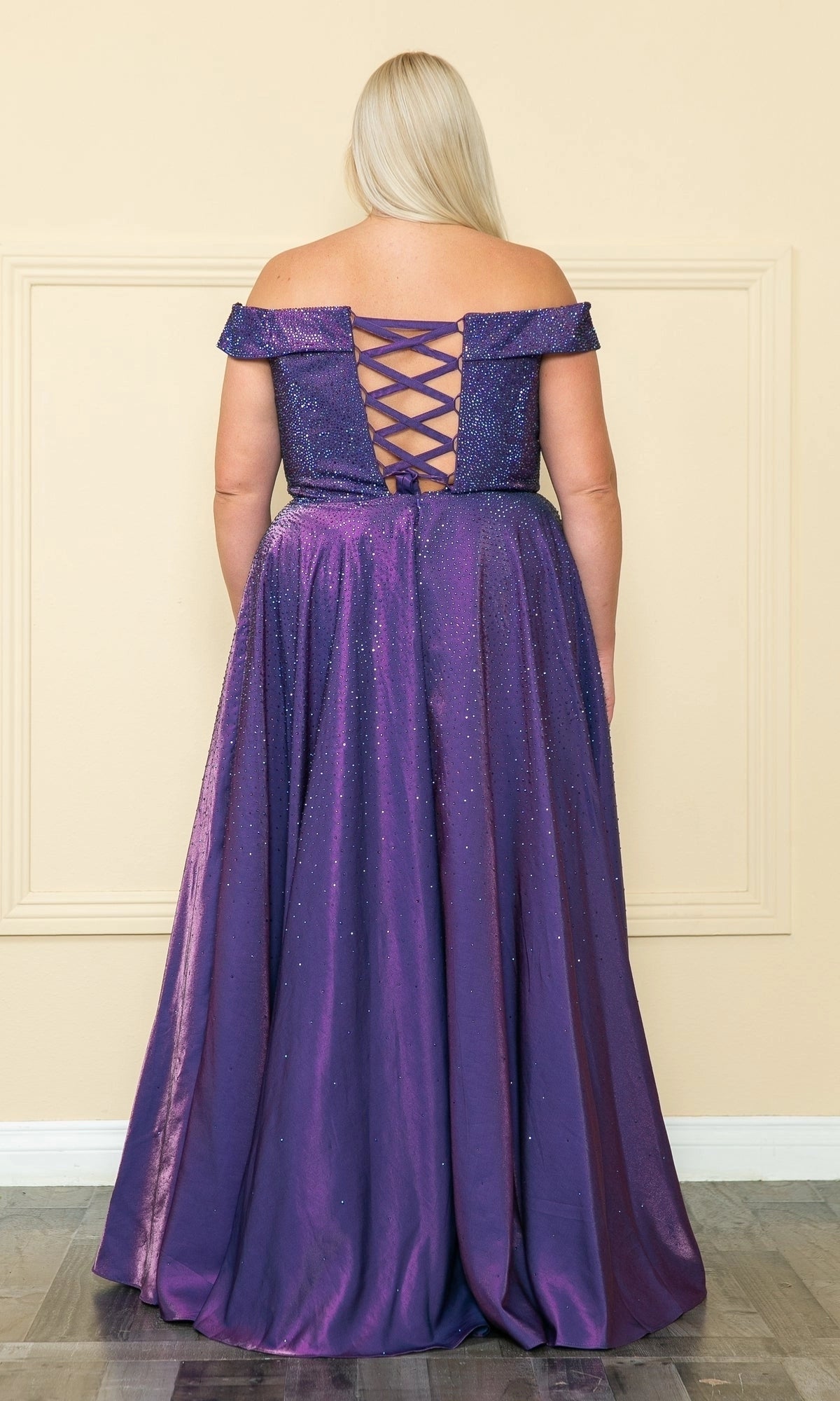 Roselledress plus size rhinestone satin prom dress back view, lace-up corset back royal blue formal evening dress