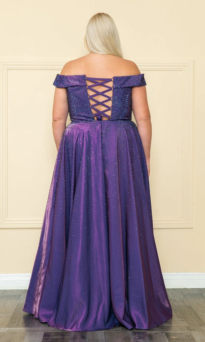 Roselledress plus size rhinestone satin prom dress back view, lace-up corset back royal blue formal evening dress