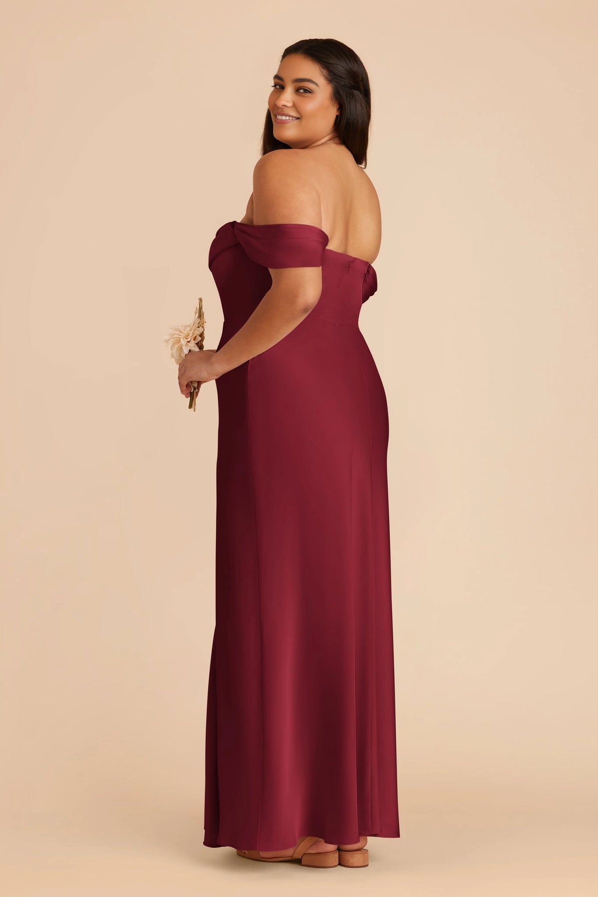 Luxury Satin Sheath Off‑The‑Shoulder Short Sleeve Open Back Slit Maxi Plus Size Bridesmaid Dress