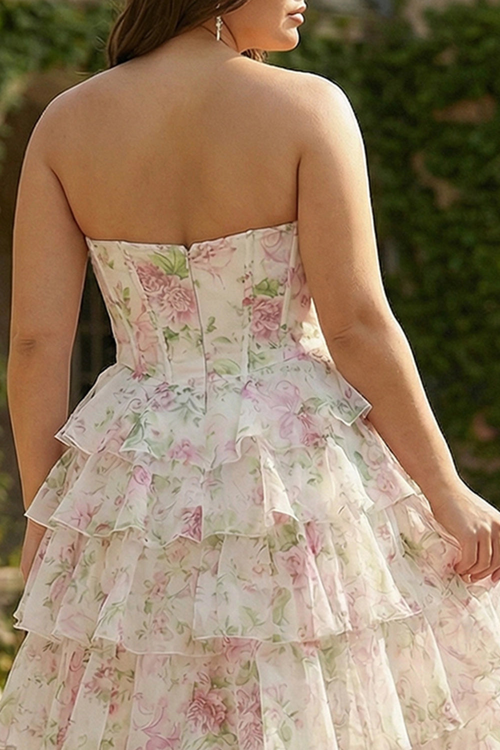 Floral Print Plus Size A-Line Strapless Closed Back Long Prom Dress