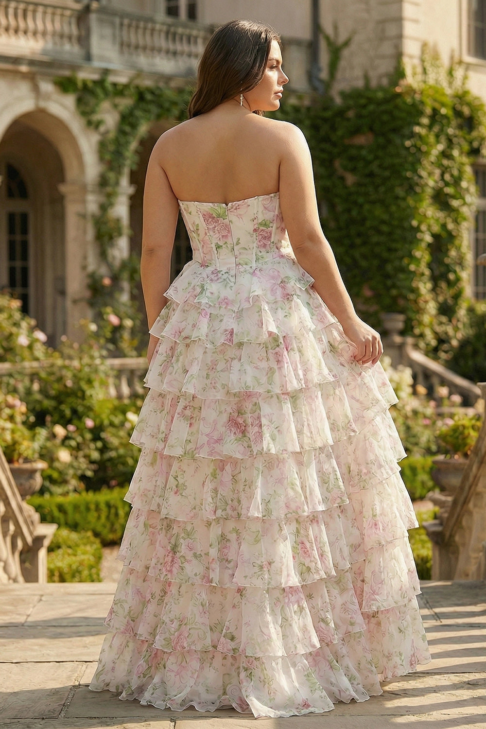 Back view Vedress floral plus size strapless corset prom dress tiered ruffle chiffon formal gown