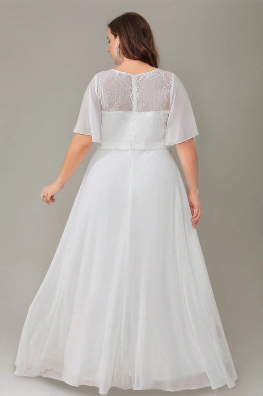 Roselledress plus size wedding dress sheer lace zipper back long bridal gown rear view