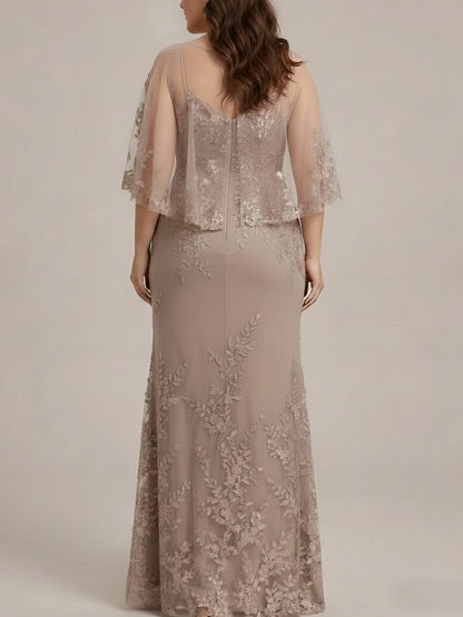 RoselleDress dusty beige floral lace mermaid formal gown zipper back plus size mother gown back shot