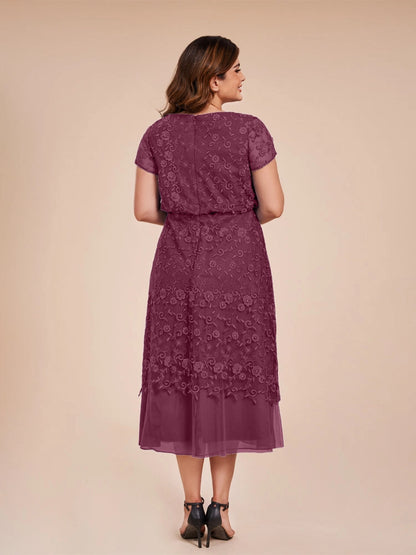 Back view Roselledress lace formal midi dress, plus size mother of bride dress with zipper back closure