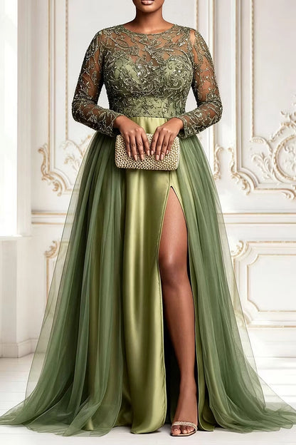 Roselledress Elegant A-Line Round Neck Long Sleeve Back Zipper Beaded Tulle Satin Plus Size Prom Dress