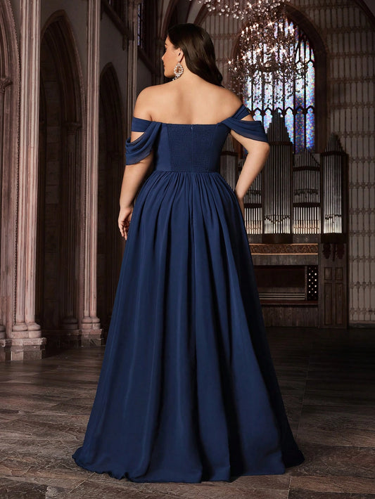 Roselledress plus size formal evening gown smocked elastic back navy a‑line prom dress rear view