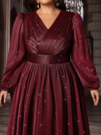 Plus Size Burgundy A‑Line V‑Neck Long‑Sleeve Smocked‑Back Floor‑Length Prom Dress