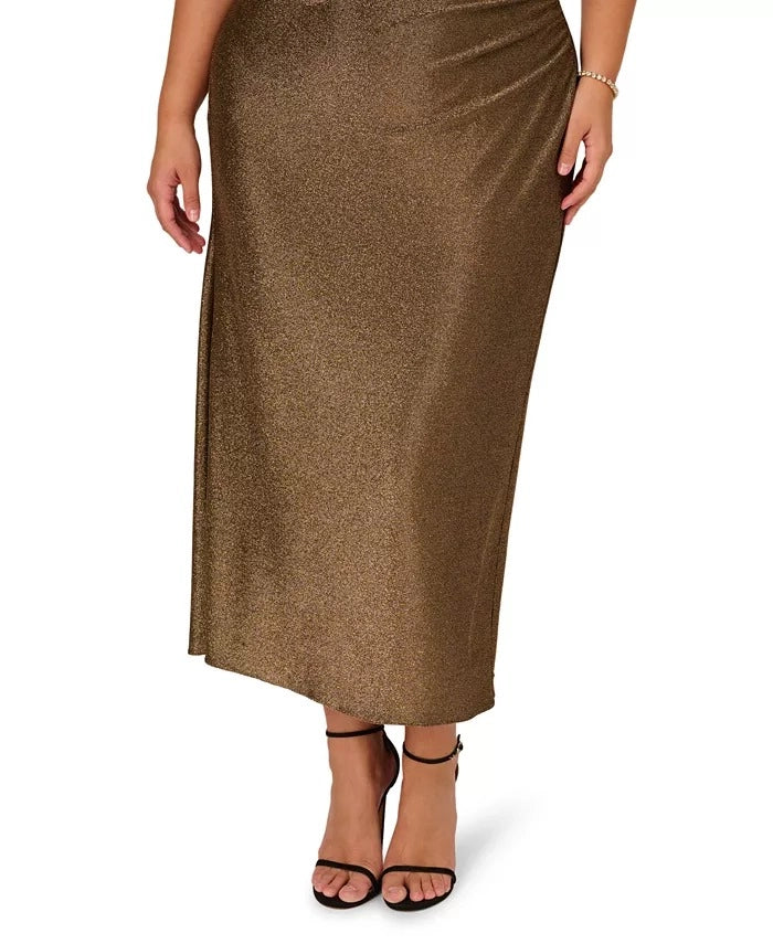 Bronze Metallic Cape Sleeve Twist Cut‑Out Midi Plus Size Wedding Guest Dress