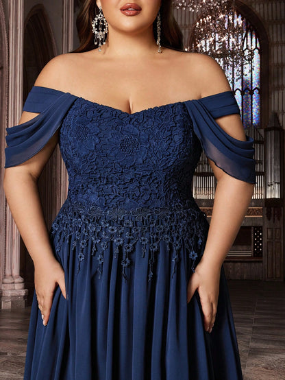 Plus Size Navy A‑Line Off‑Shoulder Sweetheart Short‑Sleeve Smocked‑Back Floor‑Length Prom Dress