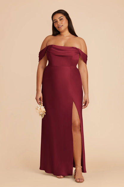 Luxury Satin Sheath Off‑The‑Shoulder Short Sleeve Open Back Slit Maxi Plus Size Bridesmaid Dress