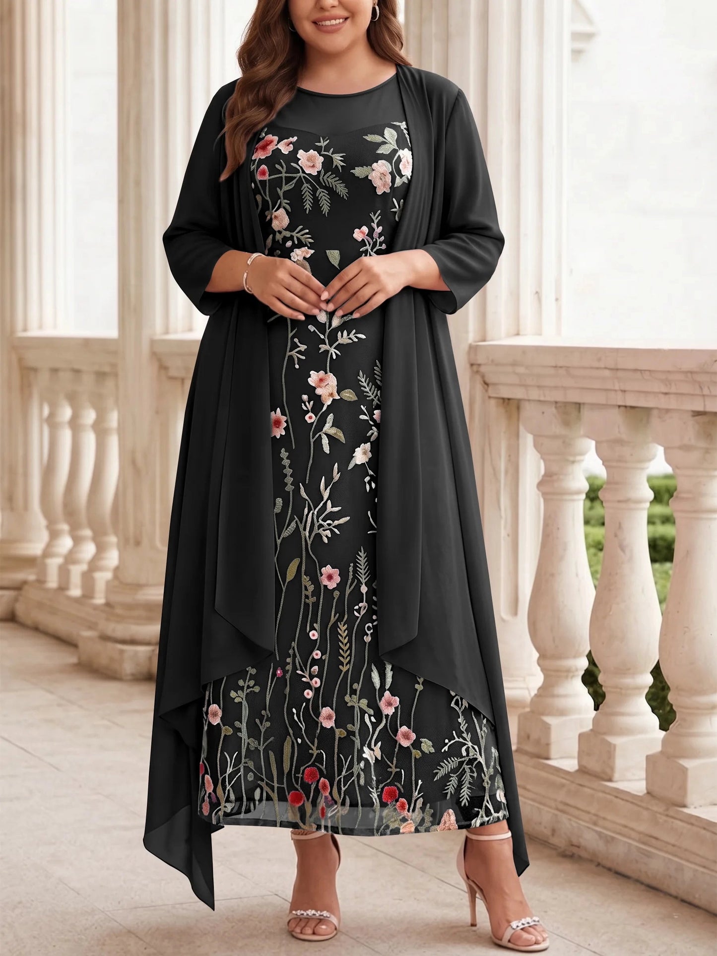 Soft Pink Plus Size Straight Round Neck 3/4 Sleeve Open Back Two Piece Mother Of Bride Dress