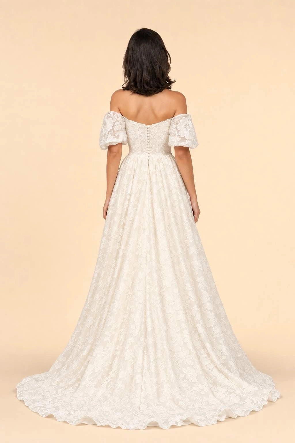 A-Line Off Shoulder Puff Sleeve Button Back Slit Train Plus Size Wedding Dress