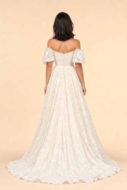 A-Line Off Shoulder Puff Sleeve Button Back Slit Train Plus Size Wedding Dress