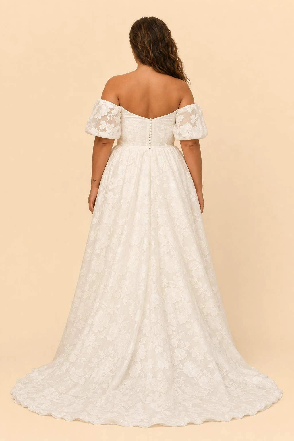 Roselledress floral lace bridal gown back view, off shoulder pearl button back plus size wedding dress sweep train