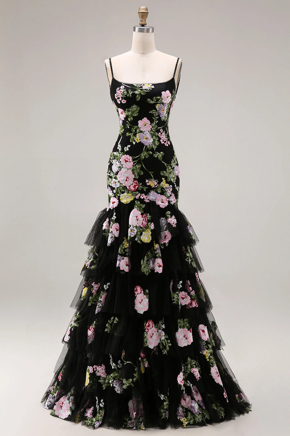 Black Plus‑Size Mermaid Square‑Neck Sleeveless Lace‑Up‑Back Sweep‑Train Prom Dress