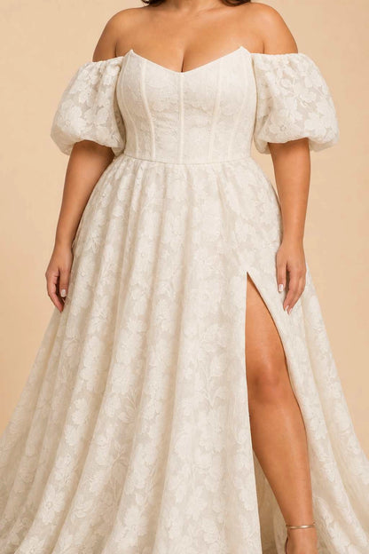 A-Line Off Shoulder Puff Sleeve Button Back Slit Train Plus Size Wedding Dress