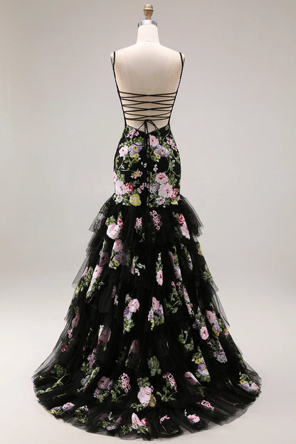 Black Plus‑Size Mermaid Square‑Neck Sleeveless Lace‑Up‑Back Sweep‑Train Prom Dress