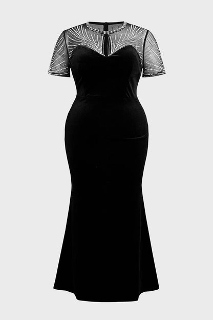 Plus Size Black Mermaid Keyhole‑Neck Short‑Sleeve Sheer‑Back Ankle‑Length Prom Dress