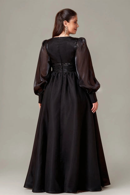roselledress curvy black evening gown solid zipper back long sheer puff sleeve wedding mother maxi dress