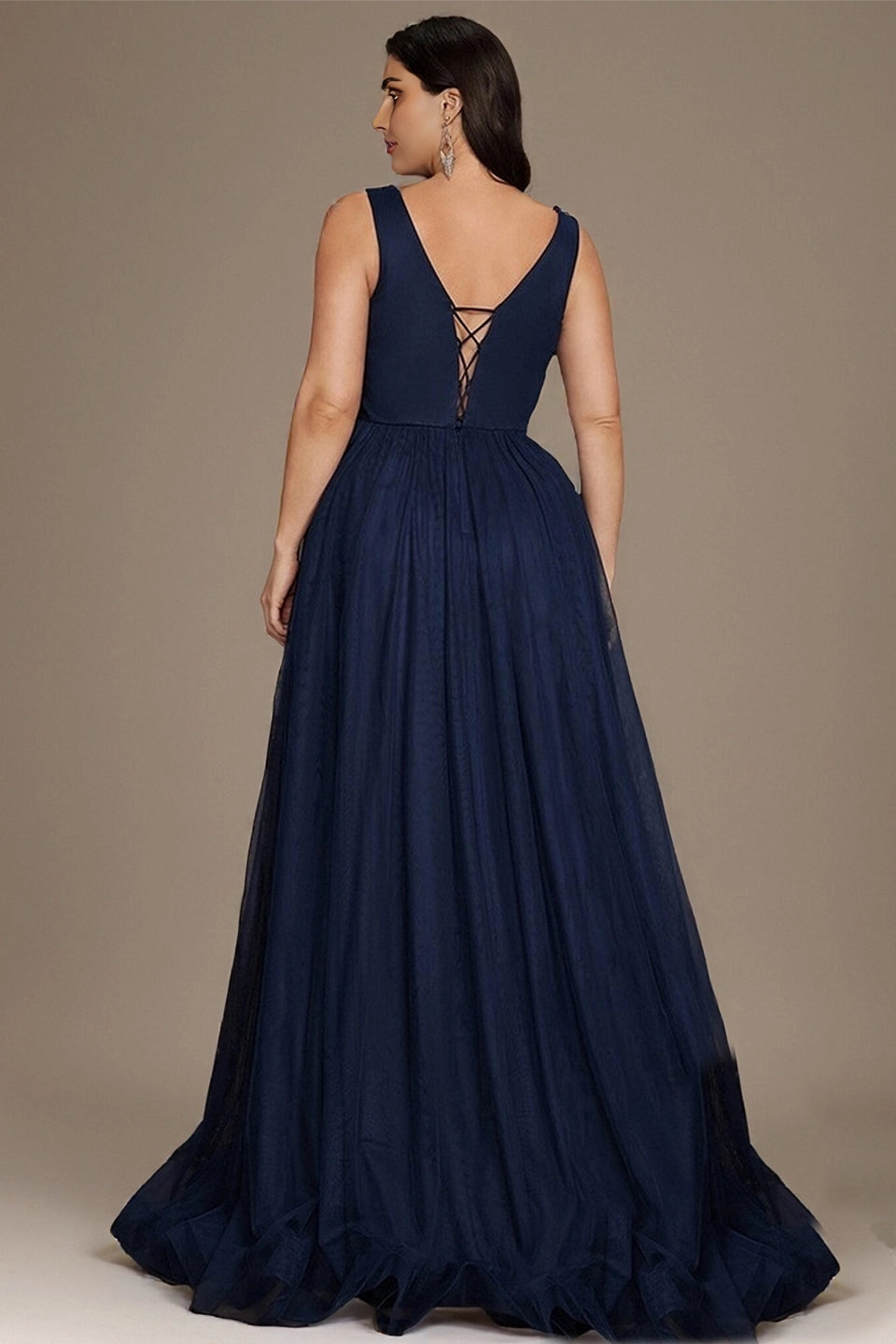 Roselledress evening dress criss cross lace up v back flowy tulle curvy wedding mother gown back photo
