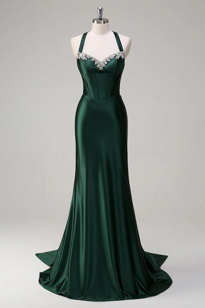 Emerald Green Plus Size Mermaid Halter Criss Cross Back Long Prom Dress