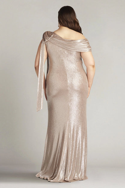 roselledress curve gold foil off shoulder backless floor length evening gown with ribbon sash
