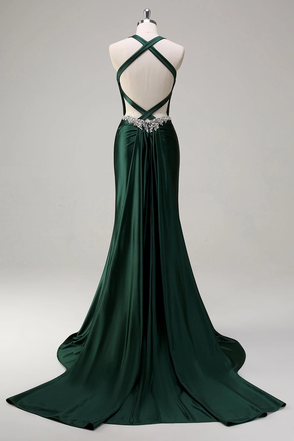 Emerald Green Plus Size Mermaid Halter Criss Cross Back Long Prom Dress