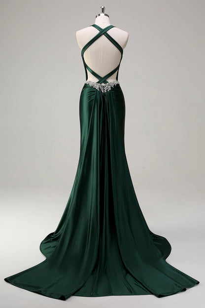 Emerald Green Plus Size Mermaid Halter Criss Cross Back Long Prom Dress