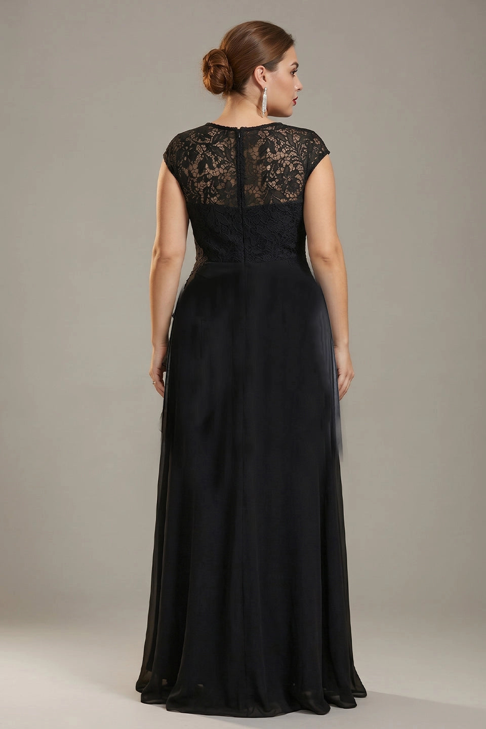 Back view Vedress black plus size lace cap sleeve a-line prom dress chiffon formal gown