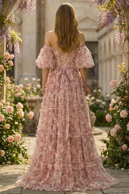 Dusty‑Pink Plus‑Size A‑Line Off‑Shoulder Puff‑Sleeve Zipper‑Back Floor‑Length Prom Dress 