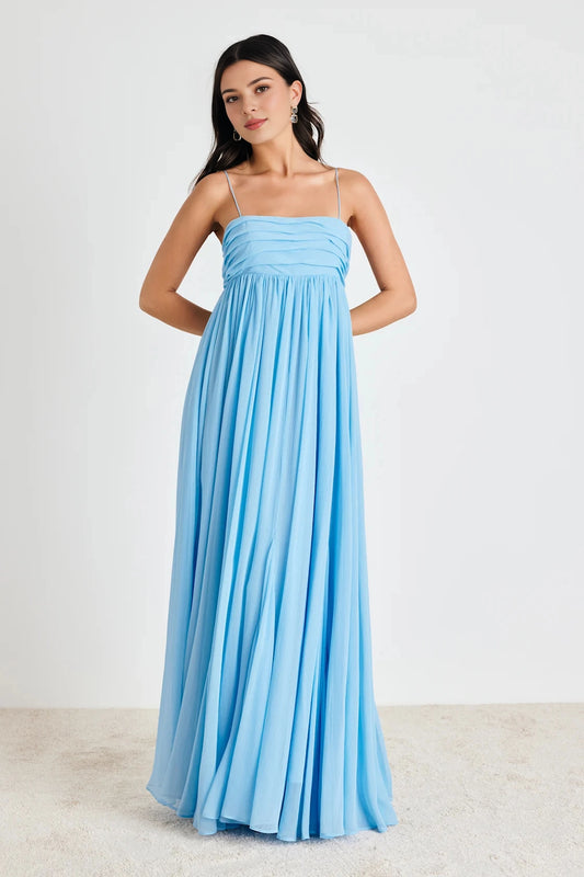 roselledress soft pastel baby blue natural crinkle textured chiffon ultra thin spaghetti straight square neck horizontal bust ruched empire waist flow wide A line maxi bridesmaid gown plain white studio full front shot