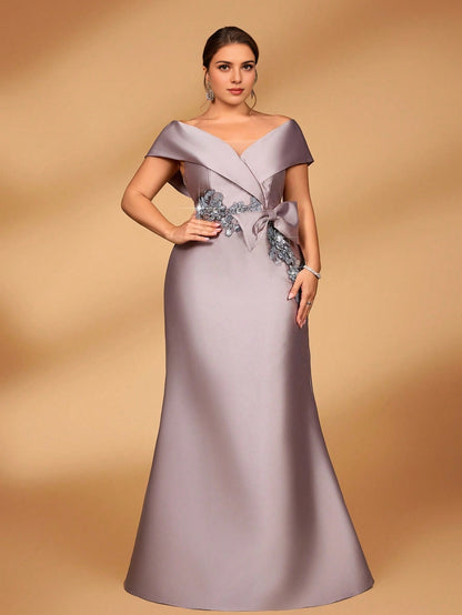 Lavender Plus‑Size Mermaid Off‑The‑Shoulder Short‑Sleeve Zipper‑Back Floor‑Length Prom Dress