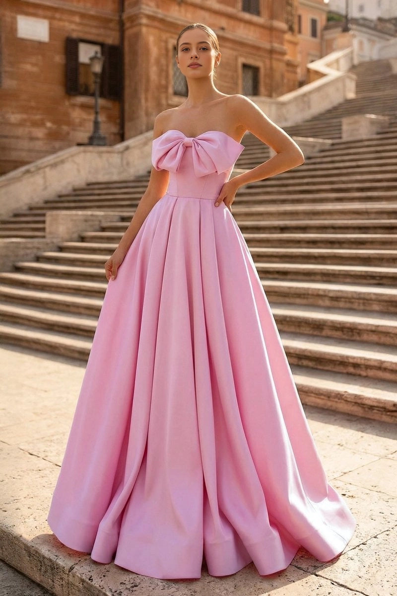 roselledress bubble pink satin strapless big bow a-line floor length prom formal gown