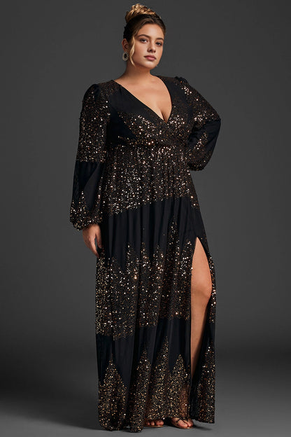 Glam Plus Size A-Line V-Neck Long-Sleeve Solid-Back Floor-Length Mother Of Bride Dress