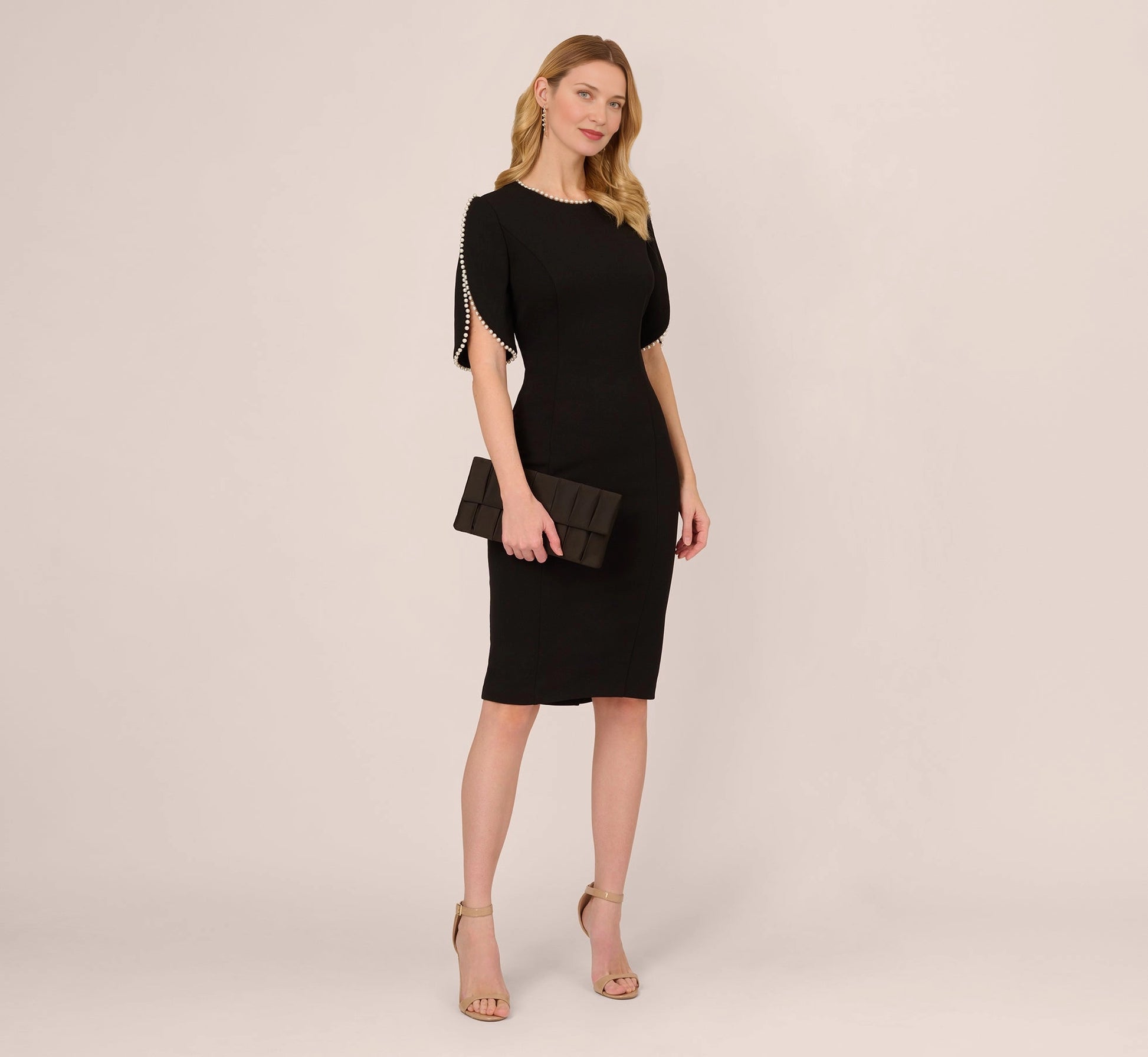 roselledress black pearl trim sheath mother of the bride dresses front view round neck cape sleeve knee length crepe formal gown