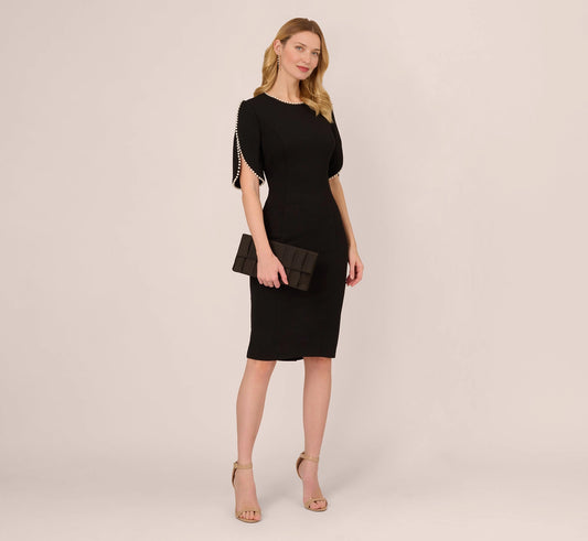 roselledress black pearl trim sheath mother of the bride dresses front view round neck cape sleeve knee length crepe formal gown