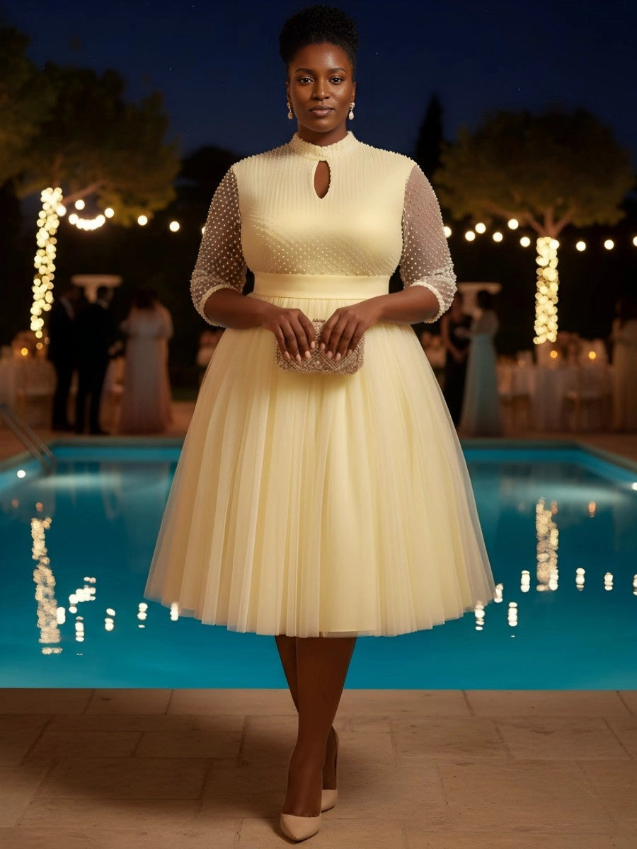roselledress pale yellow high neck keyhole front 3/4 pearl mesh sleeve a‑line midi plus‑size prom dress front view