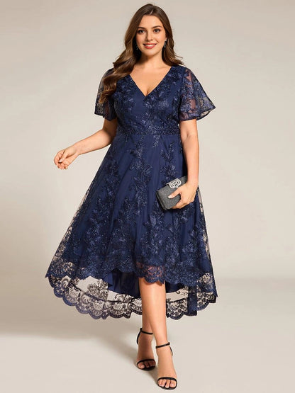 Roselledress High-Low A-Line V-Neck Flutter-Sleeve V-Zip-Back Midi Plus Size Weeding Guest Dress