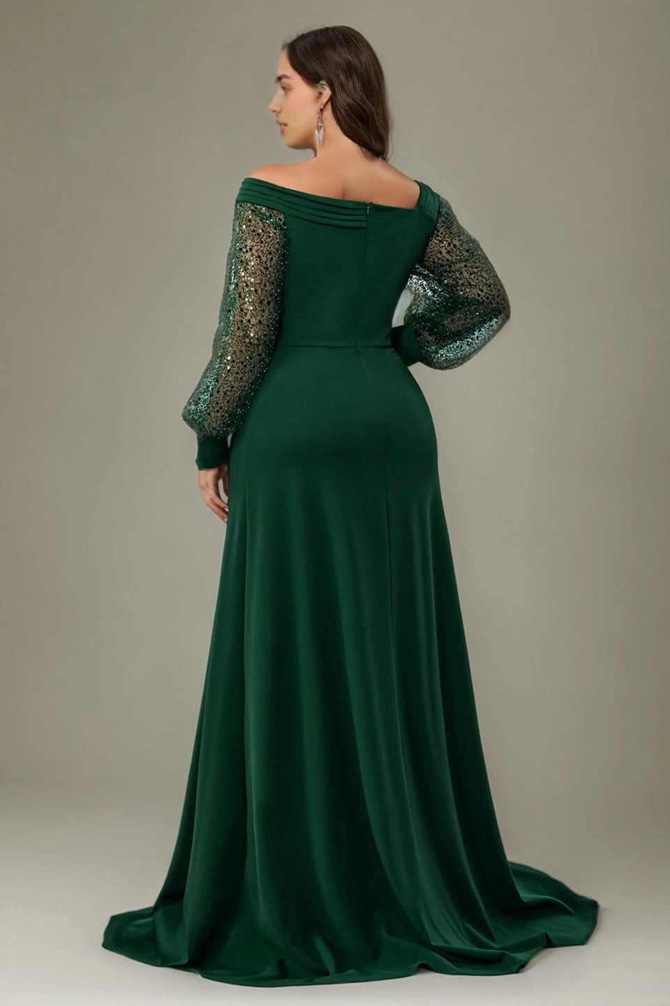 Back view Vedress forest green plus size sequin sleeve off shoulder mermaid prom dress formal gown