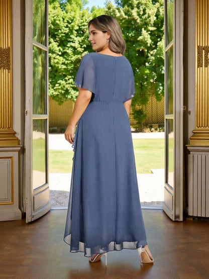 Roselledress dusty blue hi‑lo formal dress back view, zipper closure flutter sleeve chiffon mother of bride gown