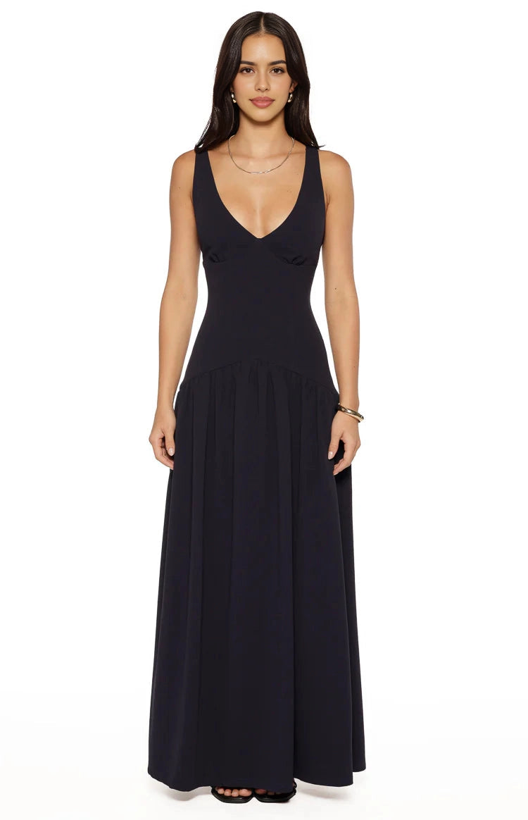 RoselleDress black knit bridesmaid dress deep v neck spaghetti tiered flowy skirt white studio shot