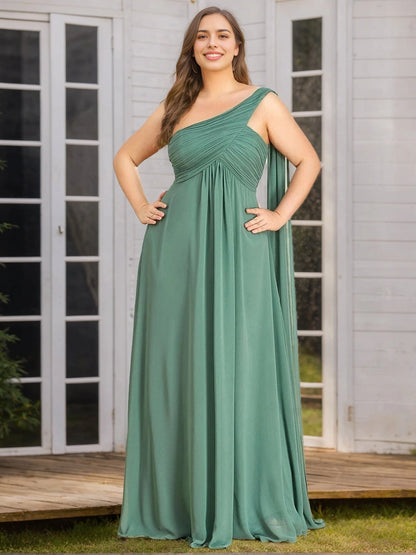 roselledress sage green chiffon plus size bridesmaid dress one shoulder ruched empire waist long sash garden lawn wedding maxi dress
