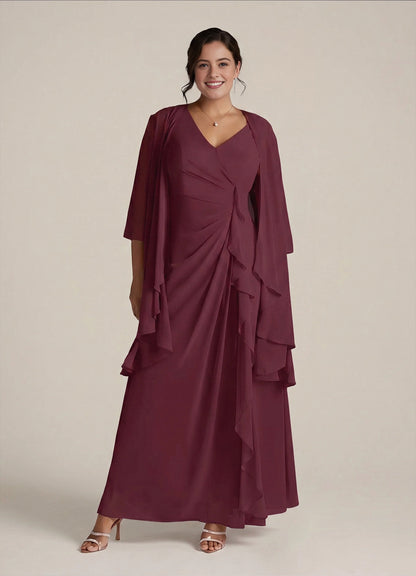 Elegant A-Line V-Neck Sleeveless Ruched-Zipper Back Floor-Length Plus Size Mother Of Bride Dress