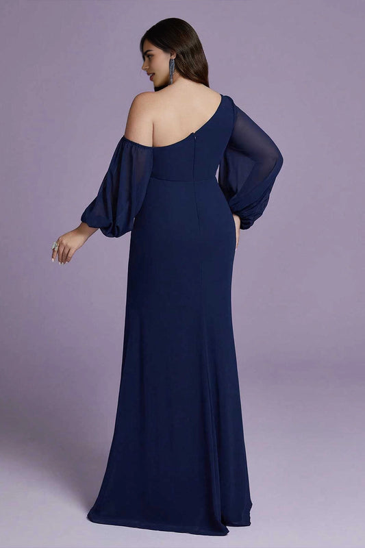 roselledress plus size navy chiffon evening dress solid closed back one shoulder long bridesmaid gown