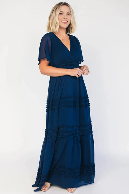 Roselledress navy chiffon mother of the bride dress v neck flutter sleeve floor length front view