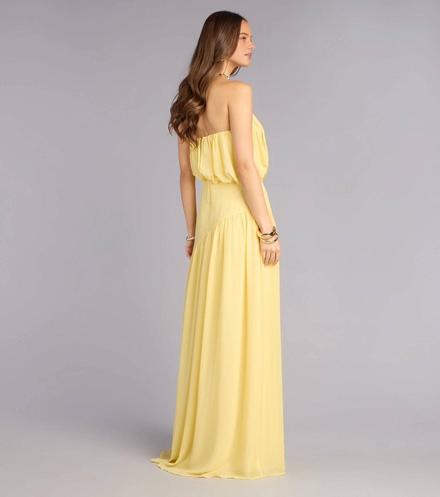 RoselleDress plain open back pale yellow flowy chiffon maxi gown strapless rear view