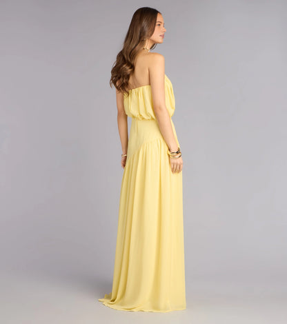 RoselleDress plain open back pale yellow flowy chiffon maxi gown strapless rear view