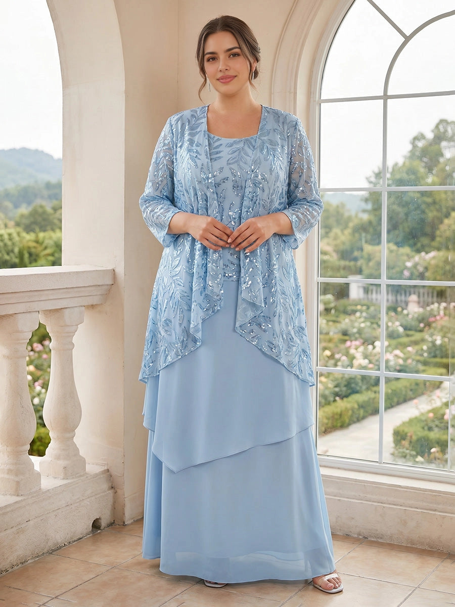 roselledress dusty blue plus size mother of the bride dress two piece square neck sequin lace jacket layered chiffon long gown
