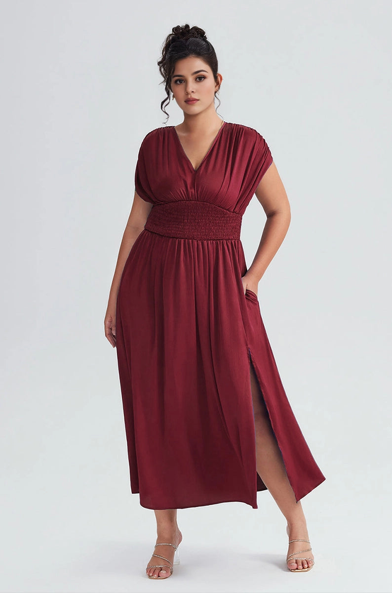 Plus Size Royal Blue A Line V Neck Cap Sleeve Tie‑Back Midi Prom Dress